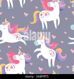 Childrens magic unicorn pattern. Cute seamless ornament hand drawn with unicorns, hearts. Vector texture for kids bedding, fabric, wallpaper, wrapping Stock Vector