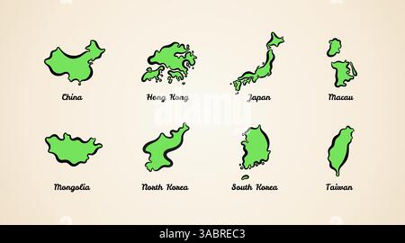 Simplified outline maps of China, Hong Kong, Japan, Macau, Mongolia, North Korea, South Korea and Taiwan Stock Vector