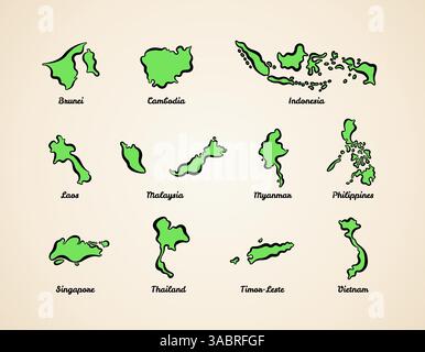 Simplified outline maps of Brunei, Cambodia, Indonesia, Laos, Malaysia, Myanmar, Philippines, Singapore, Thailand, Timor-Leste and Vietnam Stock Vector