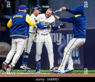 Milwaukee Brewers' Oliver Dunn celebrates with teammates in the dugout