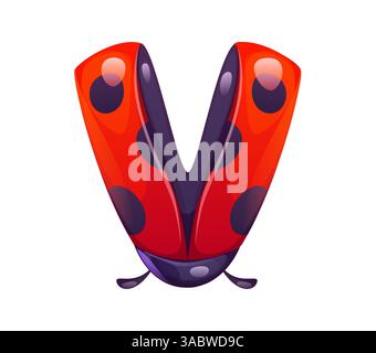 Ladybug insect cartoon font letter V. Cute lady bug kids ABC font letter, garden ladybird cartoon vector English alphabet typeset sign. Red ladybug beetle type symbol or typeface element Stock Vector