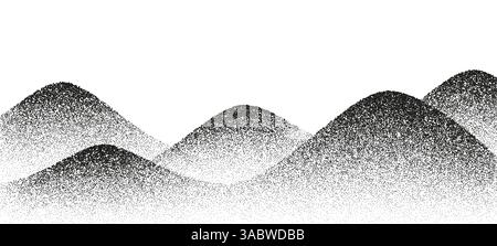 Mountains noise landscape.,grain halftone hills. Vector black and white noisy wavy texture, gradually transitioning in density to form the shape of rolling hills and peaks, abstract pointillism effect Stock Vector