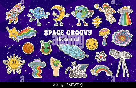 Cartoon groovy space stickers pack. Vector celestial bodies, planets, ufo, alien, astronaut and psychedelic rainbows, shooting star, rover and atom symbol at cosmic background with retro y2k aesthetic Stock Vector
