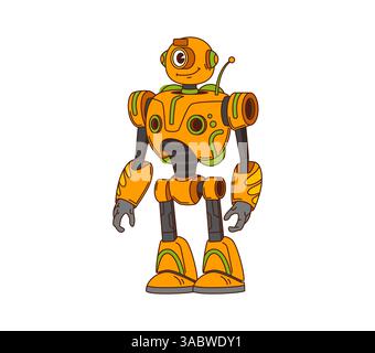 Cartoon funny groovy robot or droid character and robotic transformer, vector personage. Groovy robot cartoon character with funny face and one eye, comic retro android or futuristic space cyborg bot Stock Vector