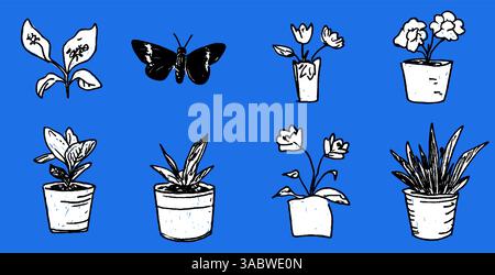 Hand-Drawn Plants and Butterfly Illustrations Stock Vector
