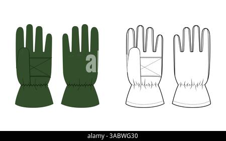 Ski Gloves Igloos Insulated Core emerald green cartoon and flat outline Fashion hand accessory clothing technical illustration garment. Vector for Men, women style flat template on white background Stock Vector