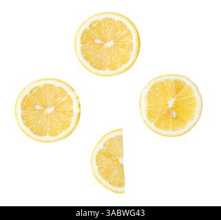 Top view set of fresh ripe yellow lemon fruits in halves and slice or quarter is isolated on white background with clipping path. Stock Photo
