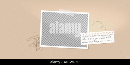 Frame photo template mockup with vintage tape and sticker. Square Polaroid design on white background, featuring a torn paper note and scratch collage Stock Vector