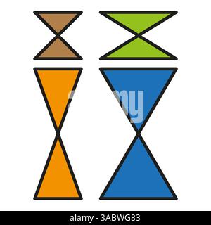 Four triangle shapes. Colorful hourglass symbol. Brown green blue orange palette. Vector illustration. Stock Vector