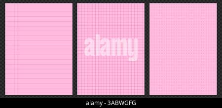 Set of notebook pages with lined and grid patterns. Vector background featuring pink and blue notepaper sheets for school or office use. Blank memo Stock Vector