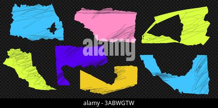 Torn grain color paper pieces with scribbles, vector scrap edges at the transparent bg as a png. Abstract background with cutout shapes, headline Stock Vector