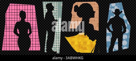 Silhouette collage of cowboy man and woman. Abstract texture with diverse people pattern. Colorful background featuring textured paper elements Stock Vector