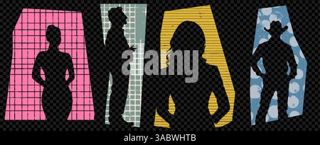 Silhouette collage of paper cutout cowboy man and woman. Grid texture element set on transparent background as a PNG. Abstract people and human design Stock Vector
