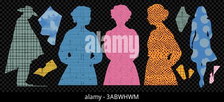 Collage of colorful paper silhouette of cowboy man and woman. Torn pieces with dot and line grid texture. Cutout element set on transparent background Stock Vector