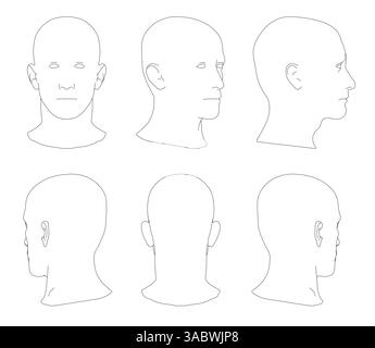 The head is a drawing of a man's head. The head is shown in six different angles Stock Vector