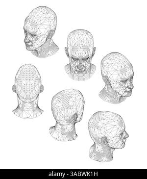 A series of drawings of heads with a black background. The drawings are all same sizes and are all in the different position. Isometric view Stock Vector