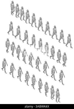 A group of people are walking in a line. Isometric view Stock Vector