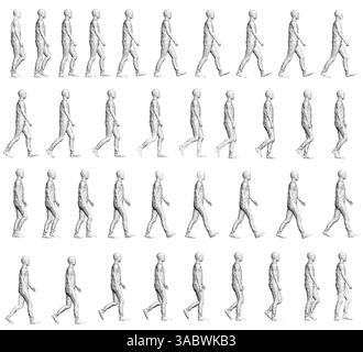 A series of images of people walking in a line. The images are in black and white and are in a row. Polygonal people. Side view. 3D Stock Vector