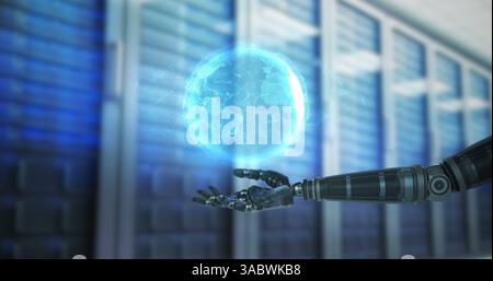 Robotic hand holding glowing digital globe in futuristic data center Stock Photo