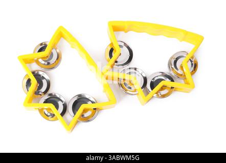 Yellow toy tambourines isolated on white, top view. Child's musical instrument Stock Photo