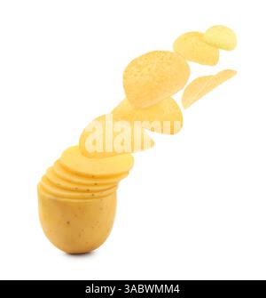 Raw potato slices transforming into crispy chips in air on white background Stock Photo
