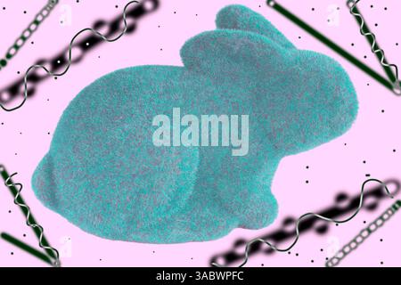 Blue aqua bunny with pink bling background shows playful side view of rabbit figure. Graphic design indicates graffiti, ribbons & abstract chain links. Stock Photo