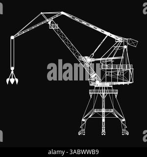 A crane is shown in black and white. The crane is a large crane with a crane arm and a crane bucket. The crane is in the middle of a construction site Stock Vector