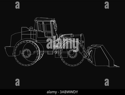 A black and white drawing of a tractor with a large scoop on the front. The tractor is shown in a very detailed manner, with every part of the machine Stock Vector