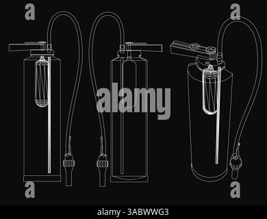 Three different drawings of a Fire extinguisher with a hose attached to it. The first drawing shows the bottle with a filter attached to it, the secon Stock Vector
