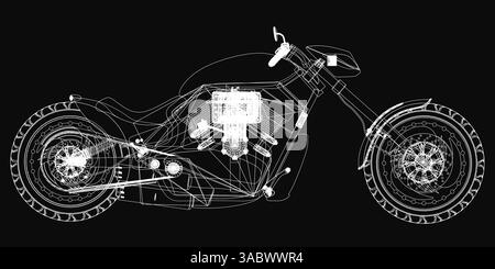 A motorcycle is shown in a black and white. The motorcycle is a vintage model and is shown in a very detailed and stylized way. The photo gives the im Stock Vector