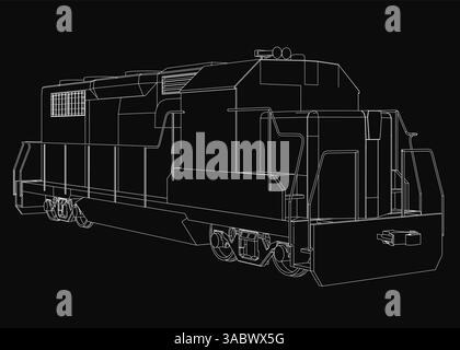 A train is shown in black and white. The train is a long, narrow, and sleek design. The train is on a track and he is moving Stock Vector