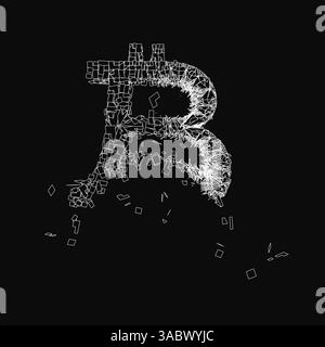 A black and white image of a broken letter B. The letter is made up of many small squares and he is falling apart. The image has a sense of chaos and Stock Vector