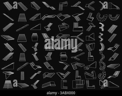 A black and white illustration of stairs and other architectural elements. The image is a collection of various shapes and sizes, with some stairs and Stock Vector