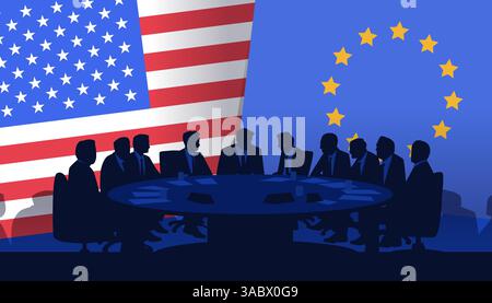 Trade negotiation meeting international relations silhouettes of businesspeople at round table with USA and EU flags in background business diplomacy Stock Vector