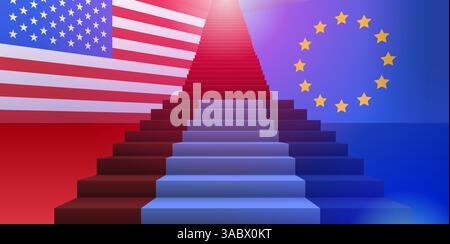 US EU trade war concept illustration showing a staircase merging flags of the USA and EU symbolizing economic conflict blue red gradient background Stock Vector