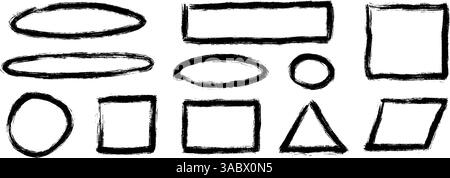 Black charcoal geometric frame set. Rectangle, triangle and circle paintbrush border collection. Rough sketched elements for diagram, highlight, underline, emphasis. Vector scribbled crayon form pack Stock Vector