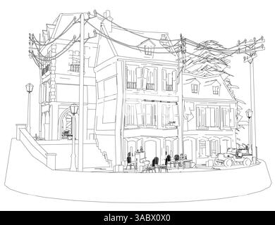 A drawing of a building with a lot of windows and a balcony. The building is surrounded by a sidewalk and there are several people sitting on benches Stock Vector