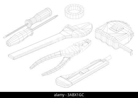 A set of tools including a screwdriver, pliers, and a tape measure. The image is in black and white Stock Vector