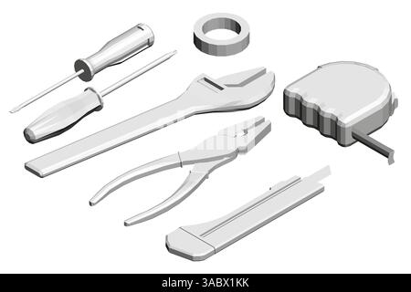 A collection of tools including a screwdriver, pliers, and a tape measure. Concept of organization and preparedness for a project or repair Stock Vector
