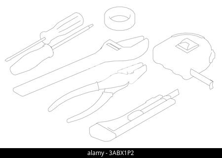 A set of tools including a wrench, pliers, and a screwdriver. The image is in black and white. Isometric view Stock Vector