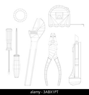 A set of tools including a wrench, pliers, and a screwdriver. The image is a drawing of these tools Stock Vector