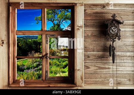 rustic farmhouse parlor with a view of the landscape from the window ...