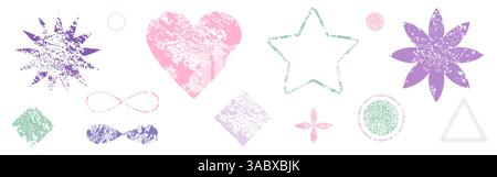 Grunge noise texture shapes set in pastel y2k style color palette. Distressed graphic elements collection with various simple silhouettes. Trendy abstract backgrounds, templates for modern designs. Stock Vector