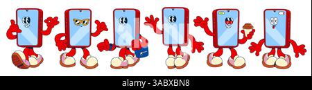 Groovy smartphone characters set isolated on white background. Vector cartoon illustration of smiling mobile phone mascots waving hello, holding coffee cup, wearing sunglasses, communication icon Stock Vector