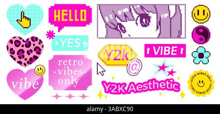 Groovy pixel stickers set isolated on black background. Vector illustration of smiley, flower, message icons, loading bar, bright color y2k emoticons for retro social media, posters, banners design Stock Vector