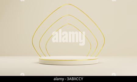 White round podium with golden curved lines rising in arches behind - minimalist stage platform display with metallic geometric decor. Elegant showcase setup for luxury product presentation. Stock Vector