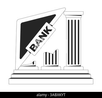Collapsing bank structure with tilted sign, broken pillars 2D line object Stock Vector