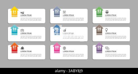A layout template featuring 9 data infographic rectangle tabs with arrows. Stock Vector