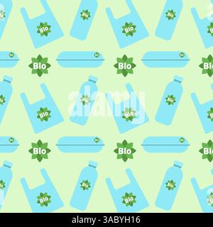 Pattern with eco friendly biodegradable packaging. Blue box bottle package shopping bag, sustainable biodegradable containers for delivery takeaway food gift.On green background. Vector illustration Stock Vector