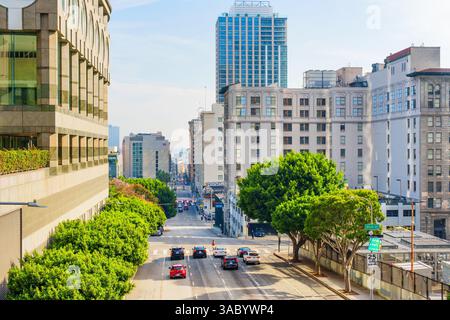 Los Angeles, California - December 4, 2024: Elevated perspective of the 4th Street in downtown Los Angeles, showcasing urban architecture, trees, and Stock Photo